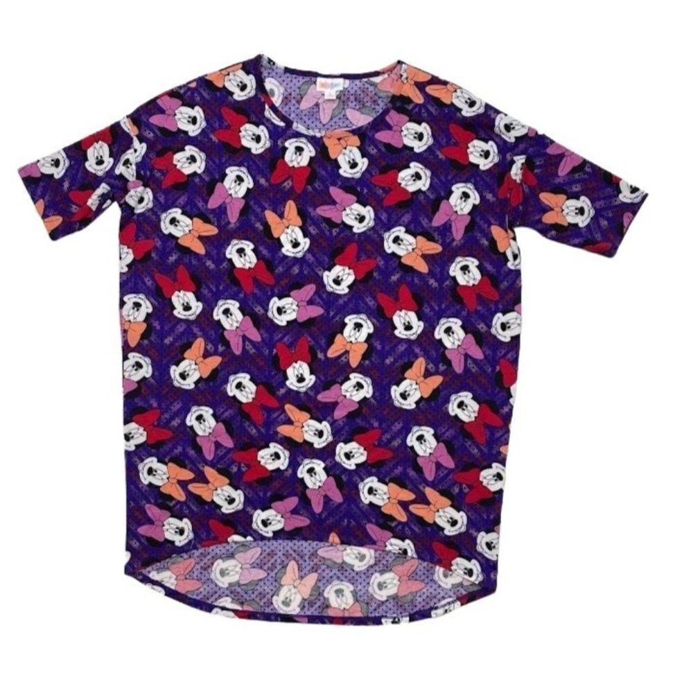 LuLaRoe Irma Disney Minnie Mouse‎ Bows Purple Pink Tunic Top Sz Small